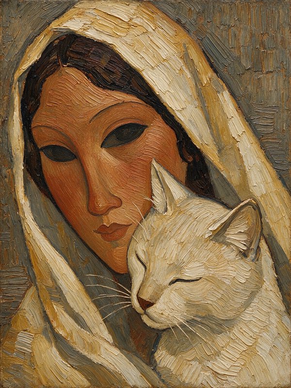 [Textured impasto post-impressionist painting of a hooded pensive woman posed beside a peacefully sleeping white cat, warm...