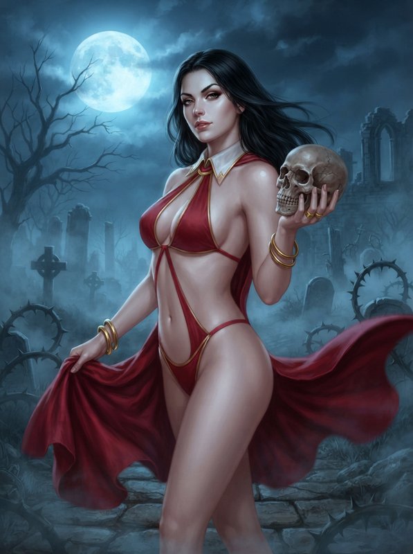 Stanley Lau + Luis Royo, where Lau's polished digital rendering builds glossy skin through airbrushed soft-light gradients, tight specular highlights on rounded forms and crisp edges pulled only around the nearest planes, and Royo's dark-fantasy nocturne governs value through a single high cool key that models everything in low-chroma blue with deep sunken shadow. The fusion manifests as smooth blended midtones over sharp focal detail, a soft-focus receding field, and a low-chroma cool palette holding one saturated crimson note against desaturated flesh.

A woman with long black hair and pale skin, wearing a red sling-style bikini with a white pointed collar, gold bangle bracelets and a gold ring, holding a human skull, with a flowing red cape.

Three-quarter length shot at eye level, the woman standing angled toward the camera with head slightly tilted and direct gaze, one hand raised holding the skull near her chest, the other lowered gripping the trailing cape, hips shifted, sharp focus on her with a softly blurred background.

Scene set in a barren graveyard at night, with a misty eerie atmosphere, featuring a large full moon, bare twisted trees, distant crosses and coiling thorny brambles in the foreground.