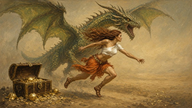 [Fantasy oil painting of a running warrior woman fleeing a roaring green winged dragon beside an overflowing gold treasure...