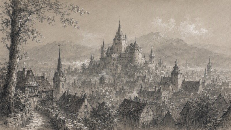 Sepia pencil sketch of a turreted medieval castle overlooking a historic alpine town with misty mountain backdrop.