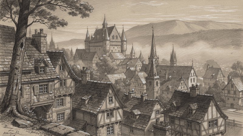 [Elevated sepia sketch of a medieval alpine village with hilltop castle, misty mountain valley backdrop]