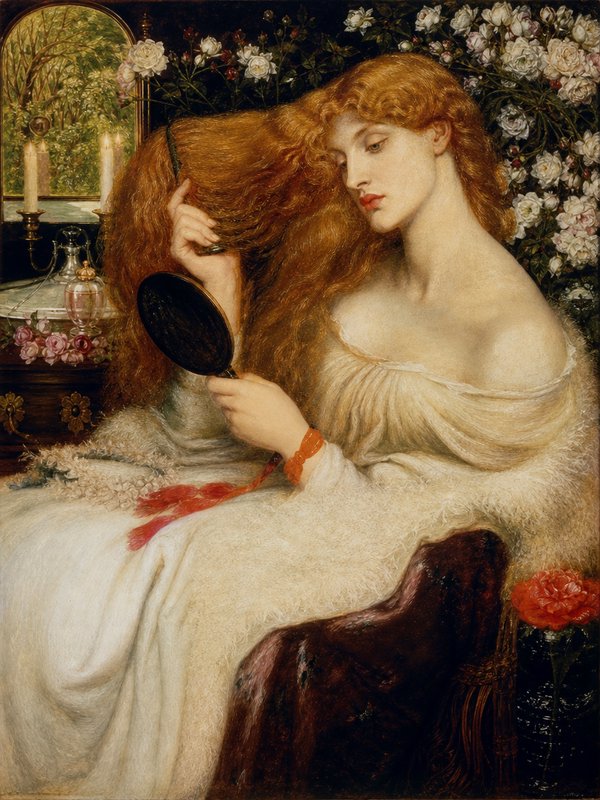 Pre-Raphaelite portrait of Lady Lilith, a long red-haired woman holding a hand mirror while brushing her hair amid bloomin...