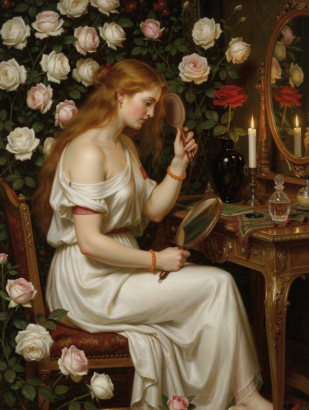[Pre-Raphaelite oil painting of red-haired woman seated at gilded vanity, holding hairbrush and hand mirror, surrounded by...