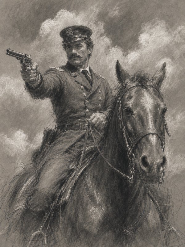 Grayscale sketch of Civil War cavalry officer on horseback, aiming a revolver forward against a cloudy sky