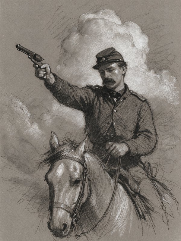 Tonal charcoal sketch of a Union Civil War cavalry soldier on horseback, aiming a revolver upward.