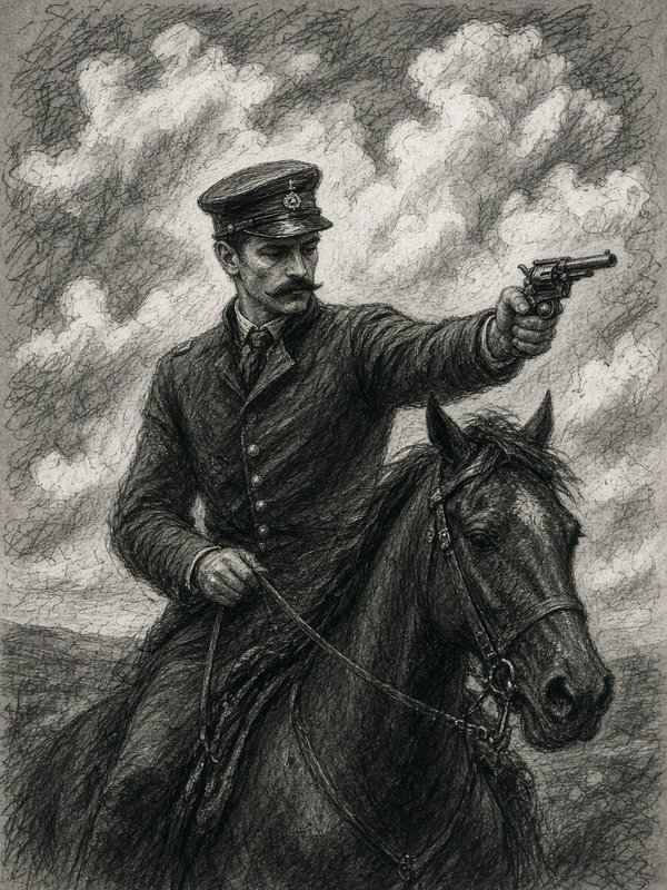 [Monochrome pencil sketch of a uniformed vintage military officer on horseback, aiming a revolver under a cloudy sky]