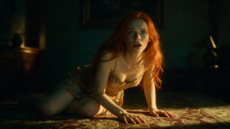 Startled red-haired woman kneels on a patterned carpet, staring wide-eyed in a dim, moody vintage interior.