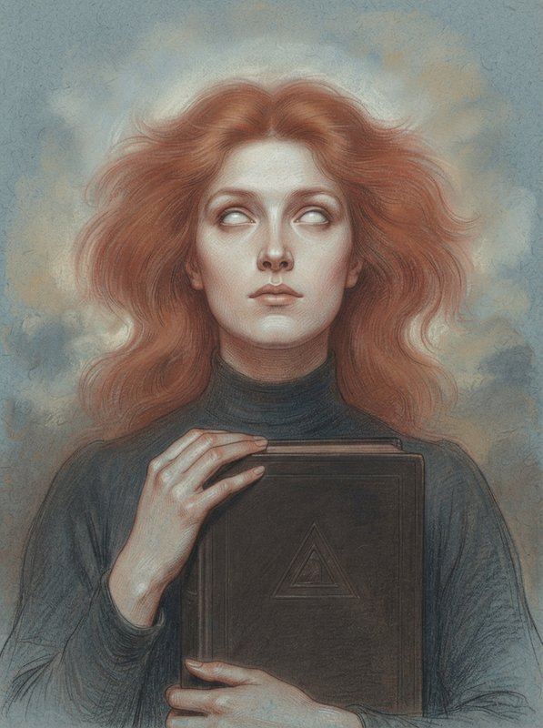 [Illustrated portrait of a red-haired woman holding an esoteric book, gazing upward in spiritual reverie]