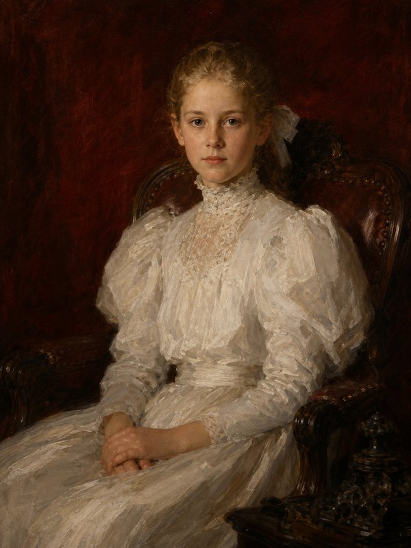 [Realist oil portrait of a young blonde girl in a white lace gown seated in an ornate armchair against a deep red background]