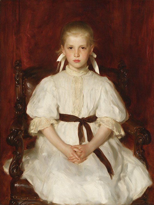 [Oil portrait of solemn young blonde girl in lace-trimmed white dress seated in a carved wooden chair against deep red dra...