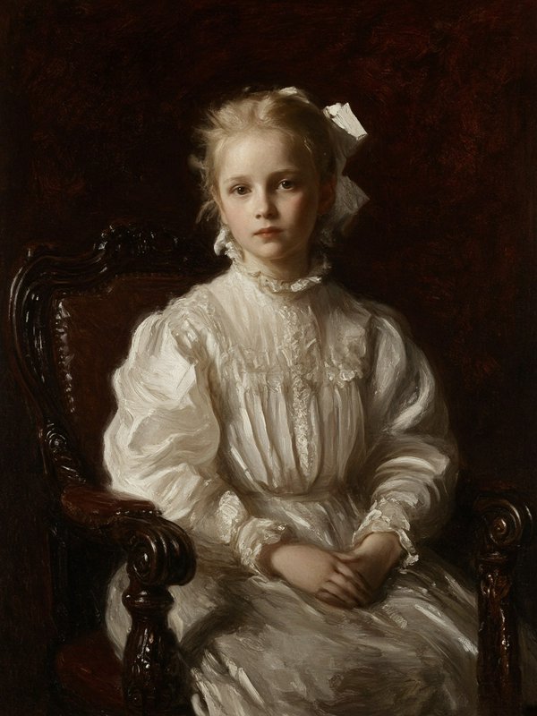 [Oil portrait of a solemn young blonde girl in a white lace Victorian dress seated in an ornate carved wooden armchair]