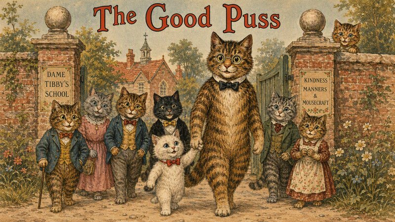 Vintage storybook illustration titled The Good Puss, showing anthropomorphic cats gathered outside a whimsical cat