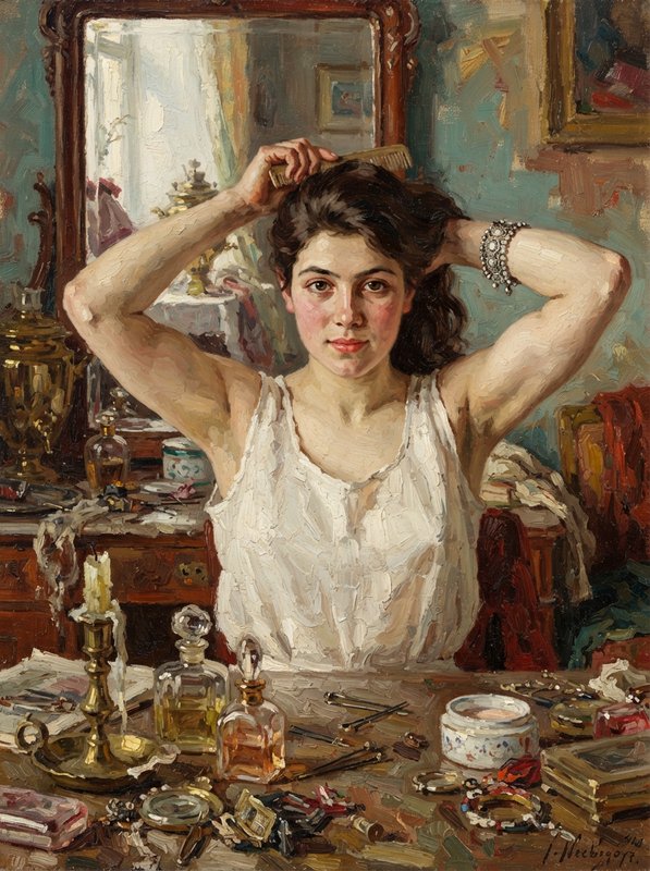 [Impressionist oil portrait of a young woman combing her hair while seated at a cluttered antique vanity table.]