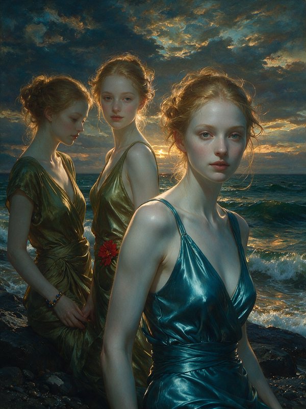 Three ethereal red-haired women in silk gowns pose on a rocky ocean shore beneath a dramatic sunset sky.