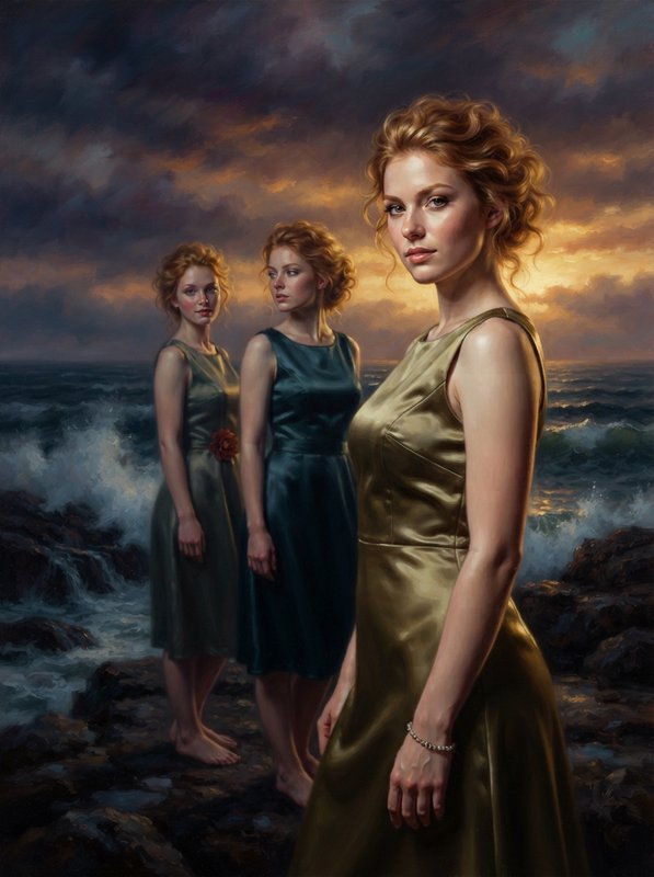 Realist oil painting of three curly red-haired women in satin dresses standing on a rocky coast at stormy sunset.