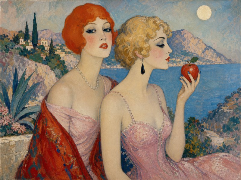 Art Deco painting of two 1920s flapper women overlooking a Mediterranean coast, one holding a red apple under a glowing