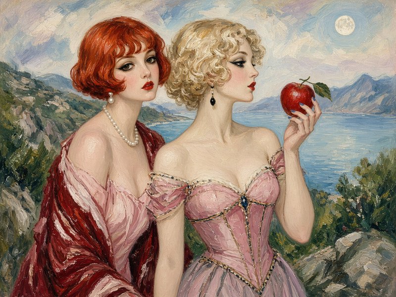 Impressionist portrait of two 1920s flapper women, one holding a red apple, overlooking a moonlit coastal mountain landscape