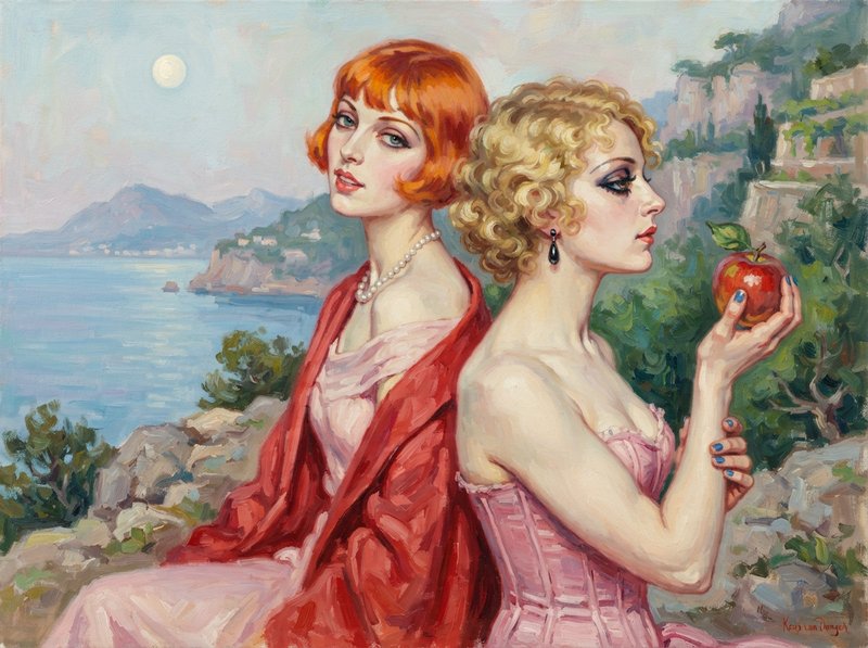 Oil painting of two 1920s flapper women seated back-to-back overlooking a Mediterranean coastal cliff, one holding a ripe ...
