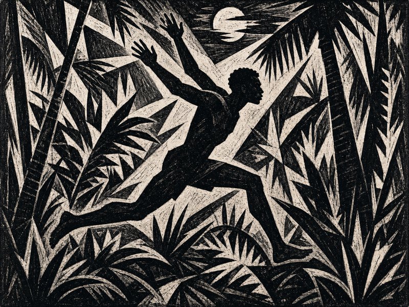 Black and white cubist woodcut of a leaping silhouetted Black man in a moonlit tropical palm jungle