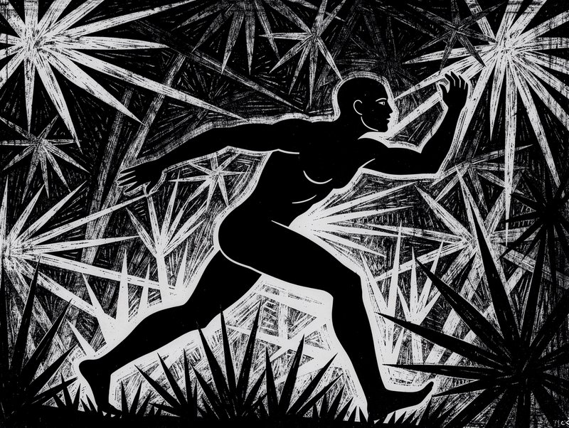 [High contrast black and white linocut of a silhouetted running man moving through spiky tropical palm foliage]