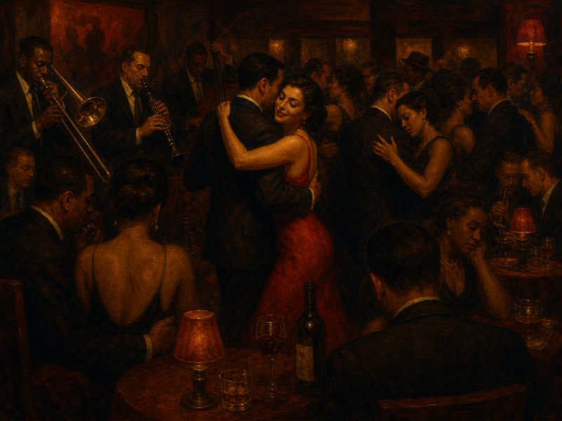 Warm vintage oil painting showing couples slow dancing in a dim intimate jazz club, with live performing jazz musicians.