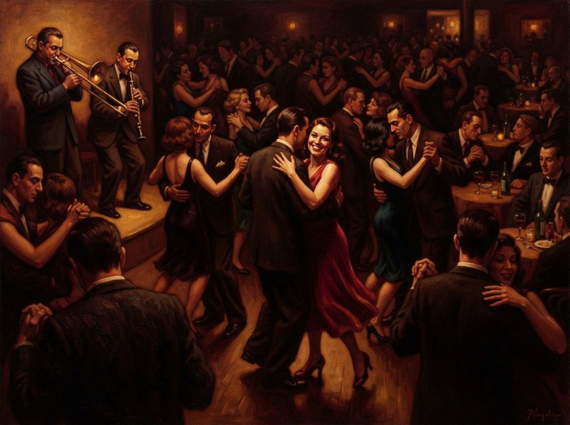 Vintage oil painting of formally dressed couples swing dancing in a warm 1940s jazz club, with a live brass band performin...