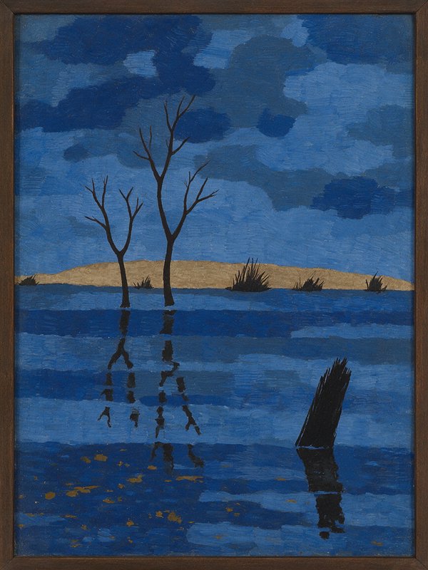 [Stylized blocky landscape painting of submerged bare trees with reflections, deep blue cloudy sky, and distant sandy shore]