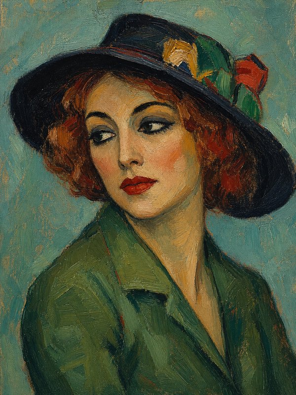 Impressionist oil portrait of a red-haired woman wearing a decorated black wide-brim hat and green collared jacket.