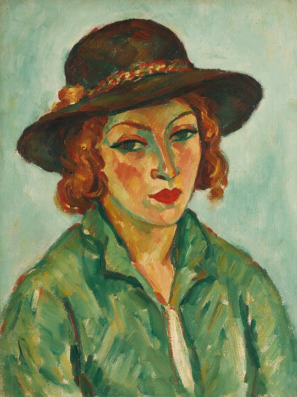 Fauvist oil portrait of a curly red-haired woman wearing a brown wide-brimmed hat and green collared shirt.