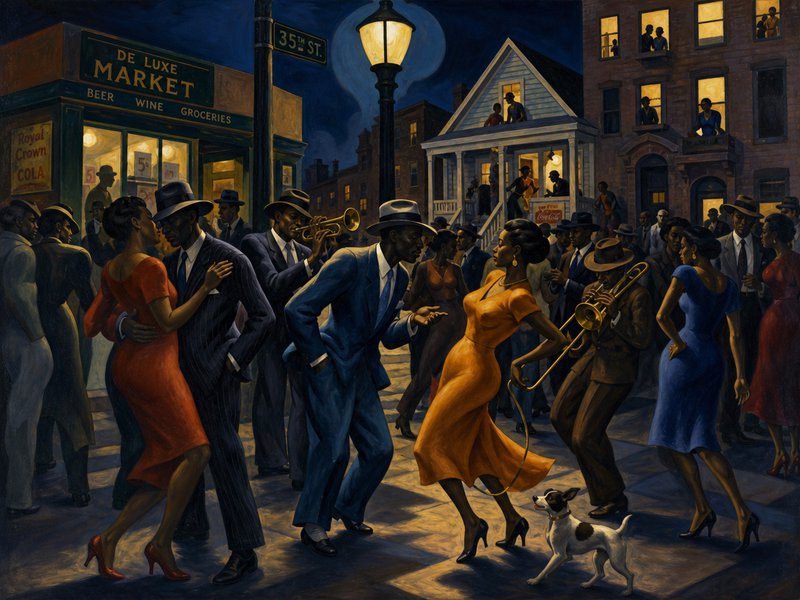 Harlem Renaissance painting of elegantly dressed Black couples swing dancing to a jazz band on a lit 35th Street night