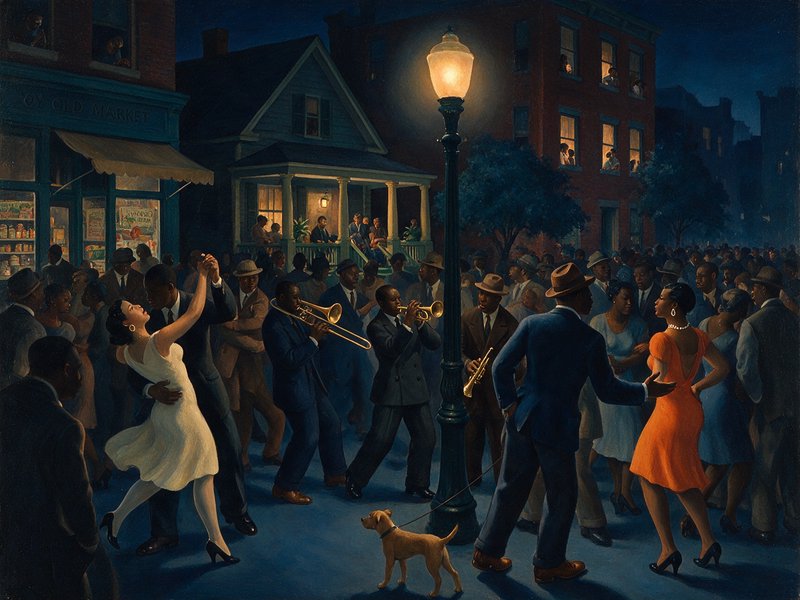 Vintage oil painting of a 1920s Harlem night block party, with dancing couples and jazz band under a glowing streetlamp.