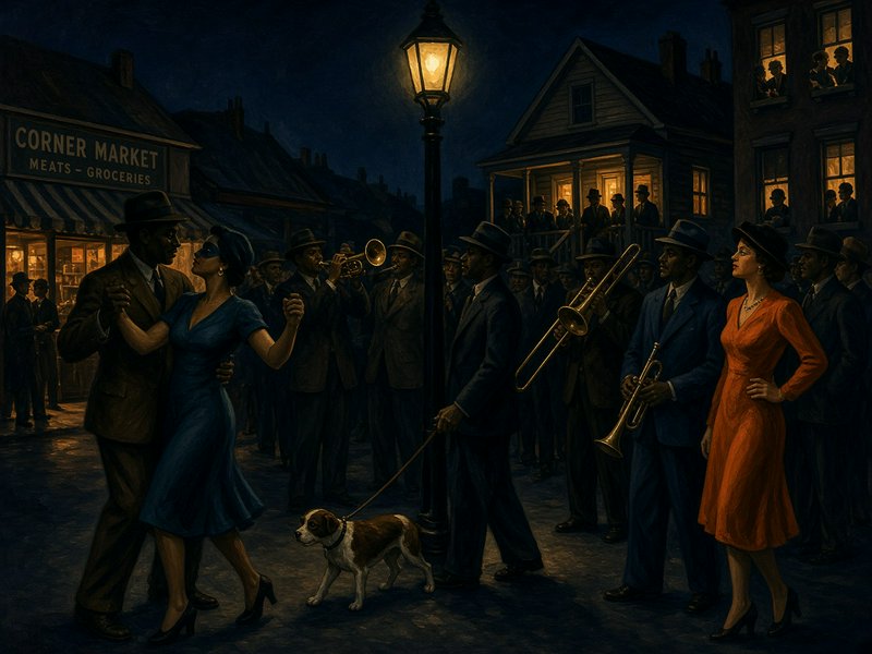 1920s night street scene: couple dances under glowing street lamp beside a jazz band, onlookers, and corner market storefr...