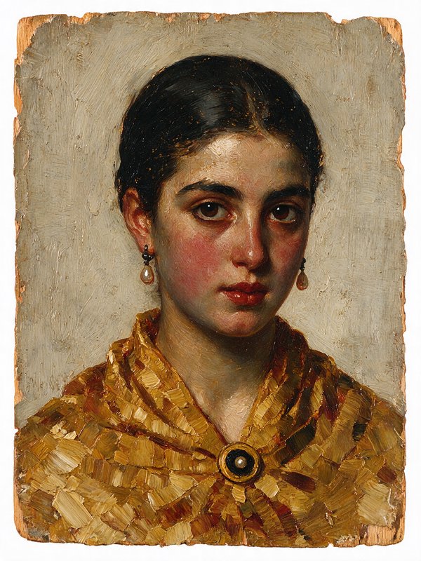 Antique oil portrait of a young dark-haired woman with pearl earrings and golden shawl on weathered wood panel.