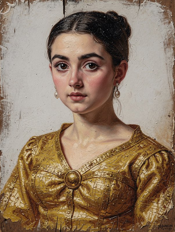 Impasto oil portrait of an elegant young woman in a golden dress with pearl earrings against a distressed neutral background