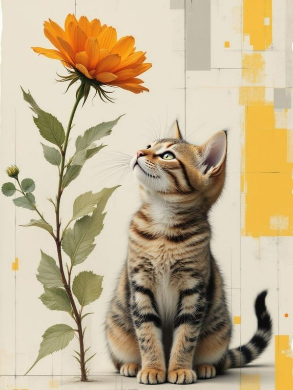 Adorable striped tabby kitten sits curiously gazing upward at a tall bright orange flower beside it