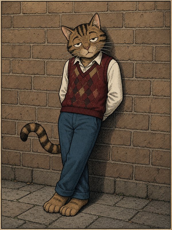 Anthropomorphic tabby cat in an argyle vest leans against a brick wall with a bored deadpan expression, hands tucked