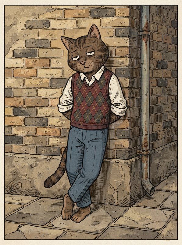 [World-weary anthropomorphic tabby cat in an argyle vest leans against a weathered brick alley wall with a grumpy expressi...