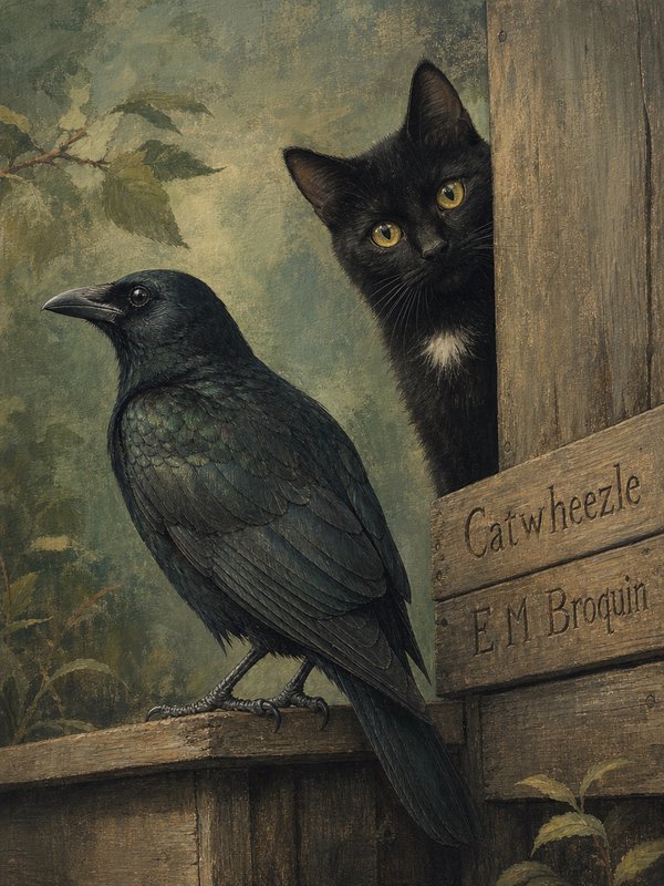 [Vintage oil painting of a perched black crow, while a black cat with golden eyes peeks out from behind a wooden fence]