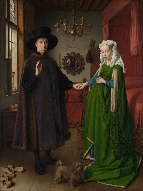Jan van Eyck's The Arnolfini Portrait, Renaissance oil painting of a 15th century couple holding hands in a domestic bedch...