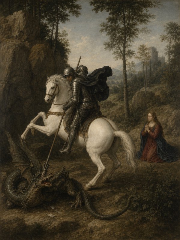 Classical painting of armored Saint George on a rearing white horse slaying a winged dragon, as a kneeling praying woman w...