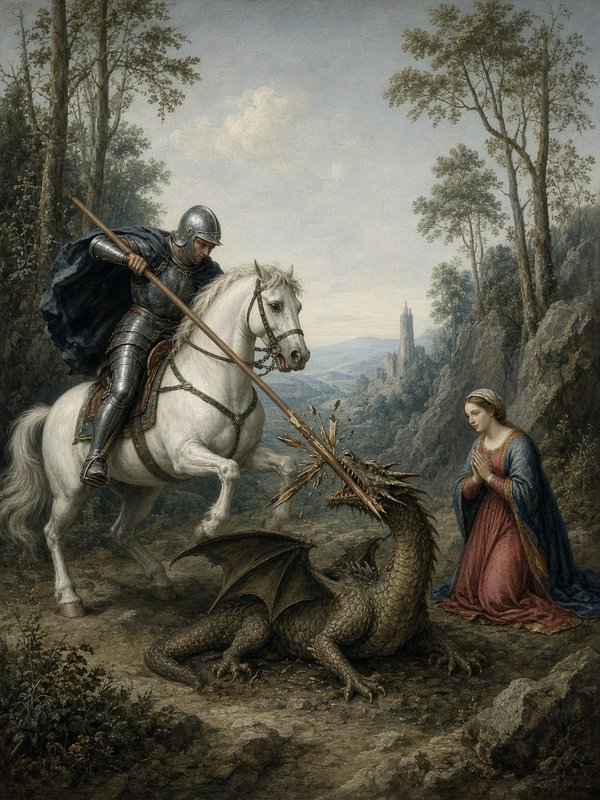 [Classical painting of armored Saint George on a white horse spearing a dragon as a kneeling maiden prays beside them in a...