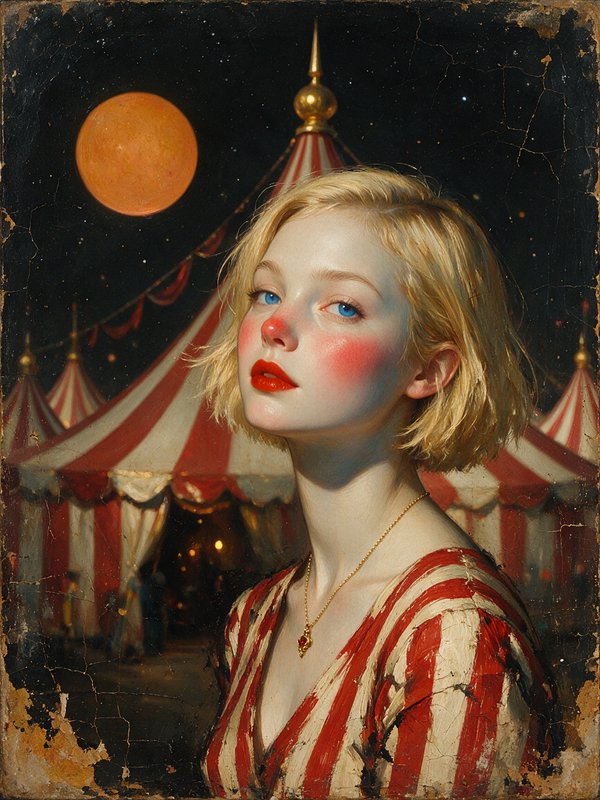 Aged oil portrait of young blonde circus performer, glowing orange full moon and striped big top tents in night background