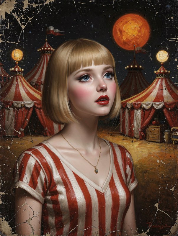 [Aged cracked oil portrait of a blonde circus performer, with striped big top tents under an orange full moon night sky]