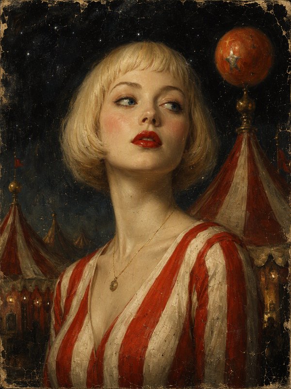 [Vintage cracked oil portrait of a blonde 1920s circus performer in a striped costume, with big top tents under a starry n...