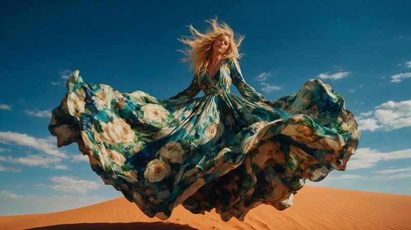 Blonde woman in a billowing floral maxi dress spins above sunlit orange desert dunes under a bright clear blue sky.