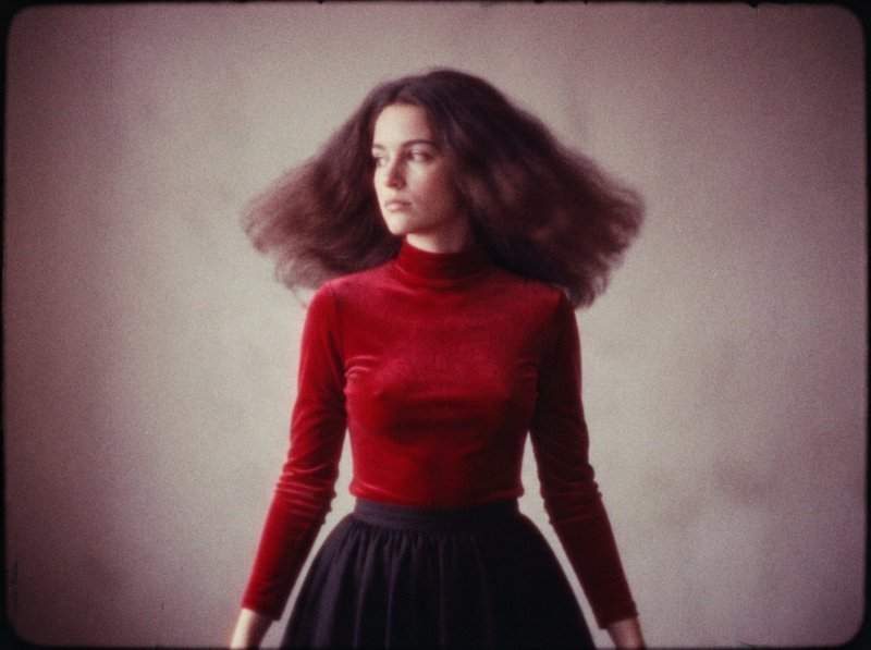 Vintage film portrait of a young woman in a red velvet turtleneck, with flowing voluminous dark hair looking off-camera