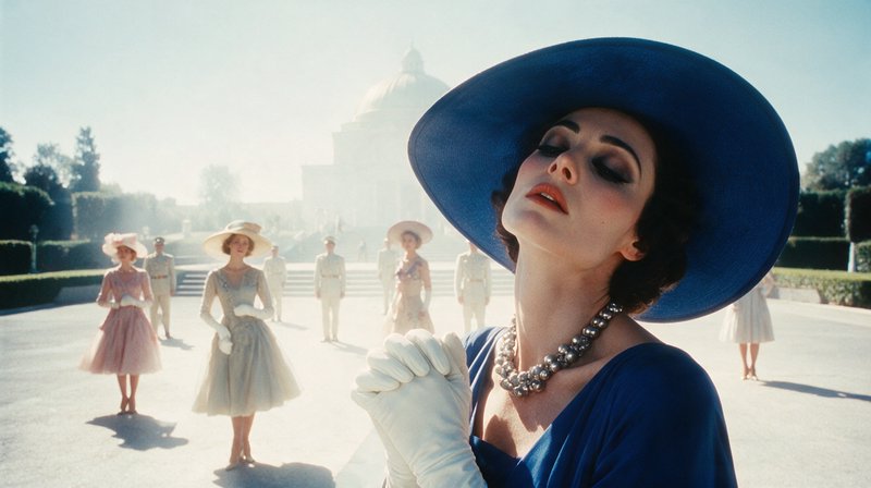 Elegant woman in large cobalt blue wide brim hat, clasped gloved hands, in sunlit palace courtyard with formally dressed c...