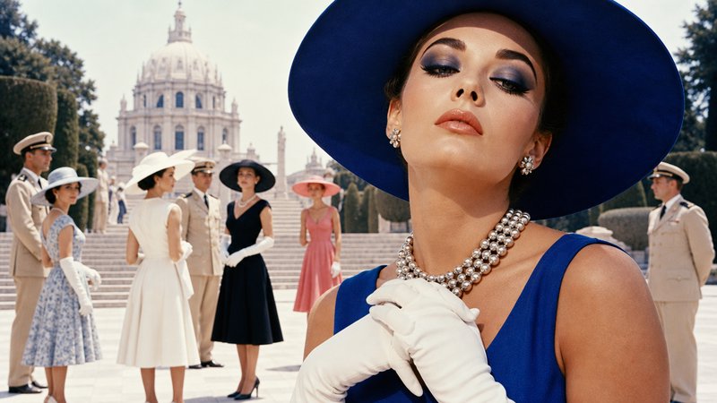 [Glamorous 1960s style woman in wide blue hat stands foreground at a formal palace garden social gathering]