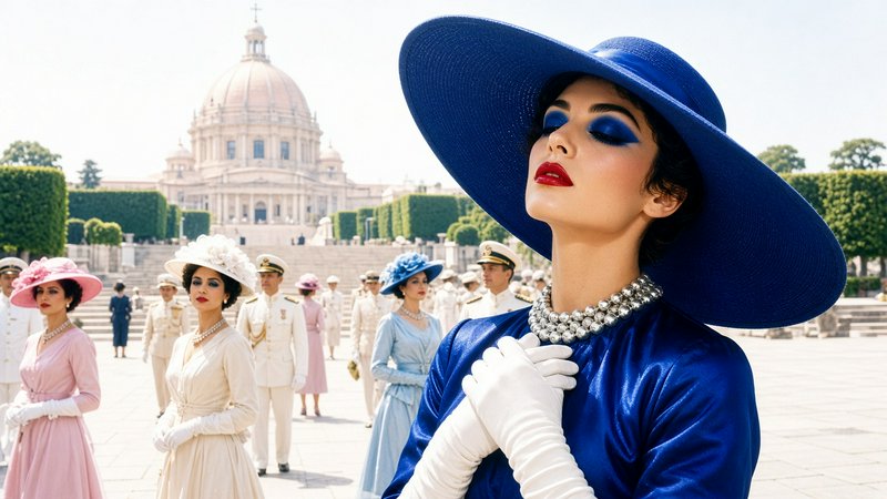 [Glamorous woman in oversized cobalt blue wide-brim hat stands in a sunlit formal courtyard, with a vintage royal gatherin...