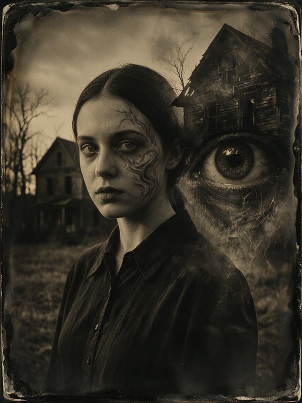 Distressed sepia tintype surreal portrait of eerie young woman, with superimposed giant eye and abandoned haunted houses
